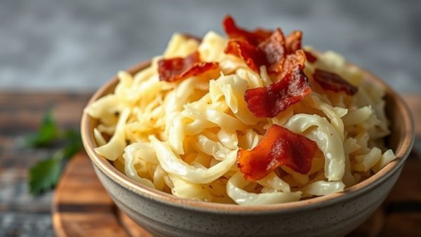 Delicious fried cabbage with bacon in a rustic bowl.