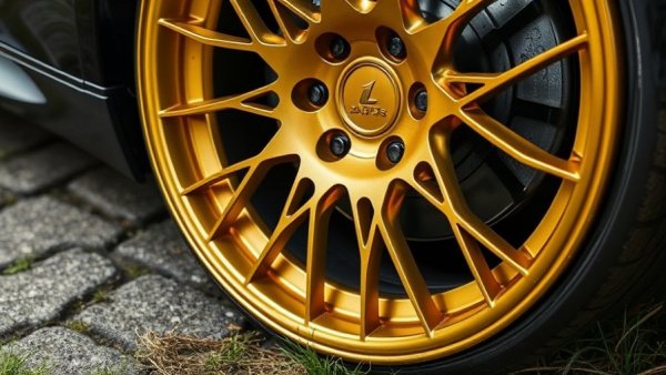 Close-up of golden alloy wheel with aftermarket accessories.