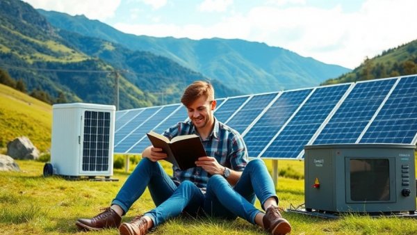Young couple with portable power station in nature using home backup power technology.