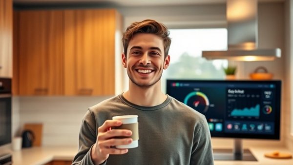 Cost of Alexa+ in the UK: Man in kitchen with Alexa-enabled screen.
