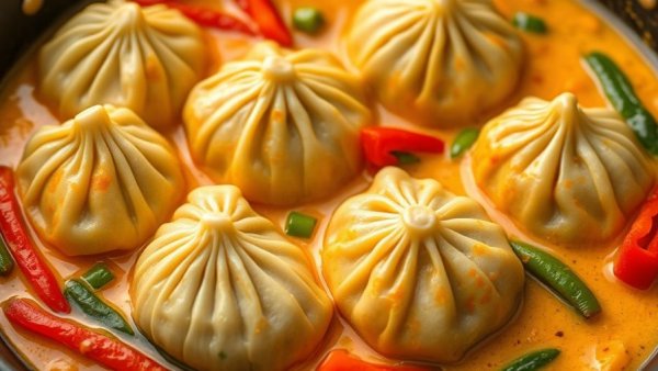 Delicious one-pan coconut curry dumplings with peppers in sauce.
