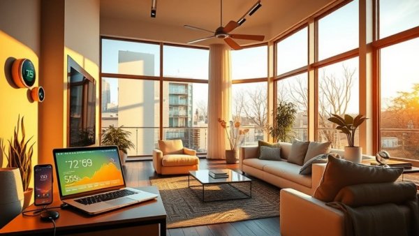 Modern smart home with energy automation devices and gadgets.