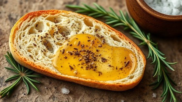 Olive oil bread dip with seasoned bread slice in oil.