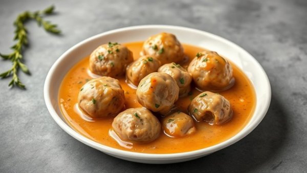 One-pan Swedish meatballs in creamy gravy with herbs in a pan.