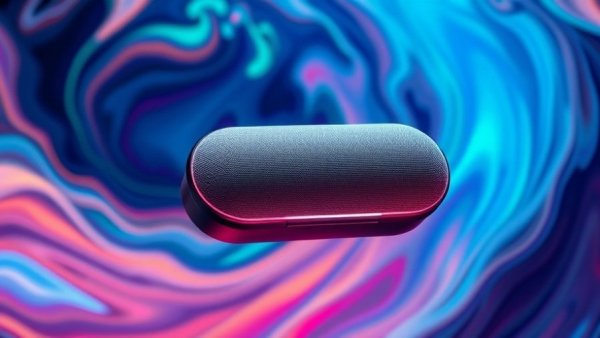 Sleek smart speaker with glowing blue base against a swirling vibrant background for home automation deals.