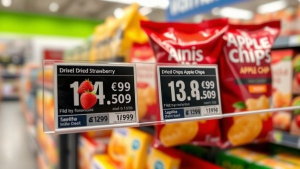 Digital price tags on Walmart shelf showing prices for dried strawberries.