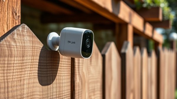 Modern TP-Link Tapo C660 camera mounted on fence in bright sunlight.