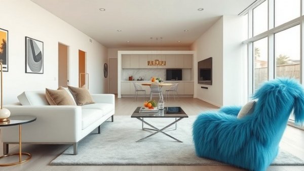 Modern living room with white sofa and blue chair, showcasing home automation style.