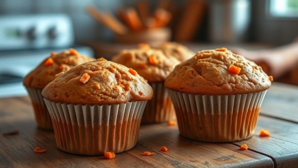 Cozy carrot muffins on a wooden board, perfect for busy mornings.