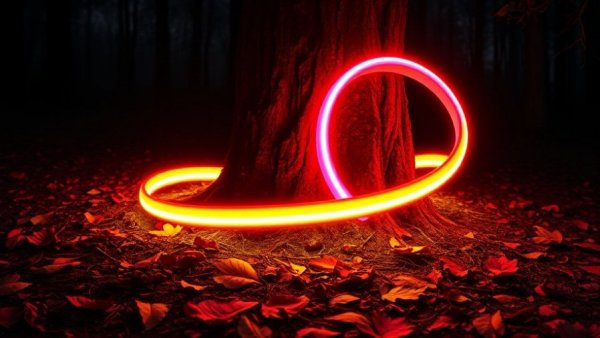 Philips Hue Neon Outdoor Strip Light illuminating tree trunk in forest.