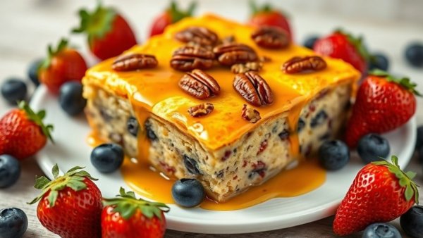 Make Ahead Breakfast Casserole with berries and syrup.