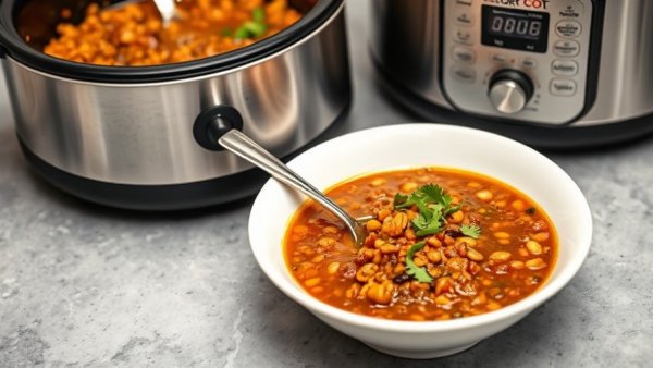 Close-up of slow cooker lentil soup in a bowl with spoon.