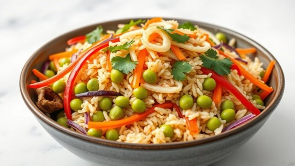 Crispy rice salad with vibrant vegetables in a white bowl.