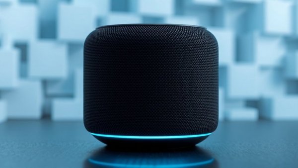 Home automation smart speaker on a futuristic background.