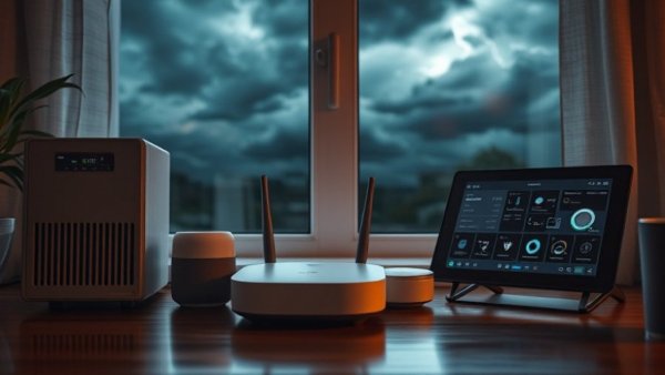 Smart home UPS setup with stormy background.
