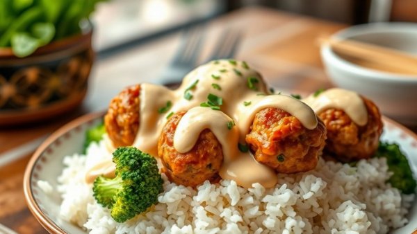 Firecracker meatballs with sauce on rice and broccoli.
