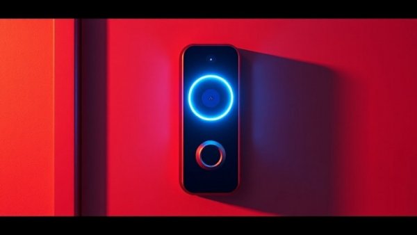 Sleek modern video doorbell with glowing blue ring on gradient background.