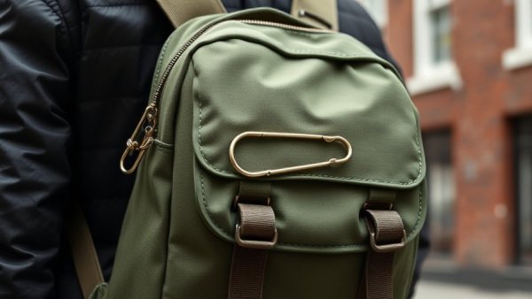 Creative use of safety pin on green shoulder bag in urban setting