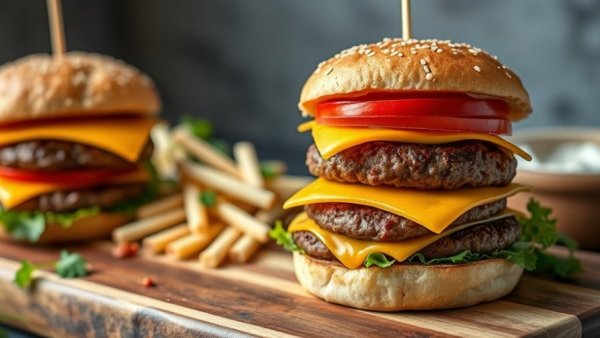 Air fryer hamburgers with cheese, lettuce, tomato, and pickles on buns.