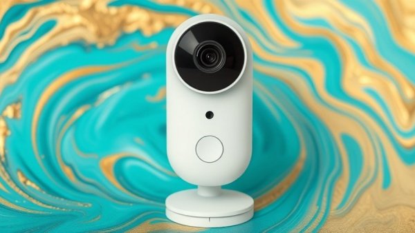 Modern smart home camera with abstract turquoise background.