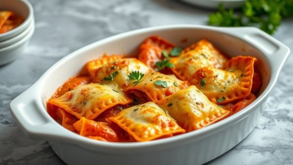 Ravioli lasagna recipe, cheesy baked dish in white casserole.