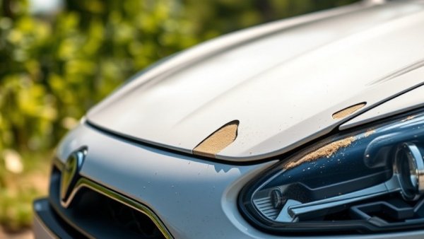 Close-up of pollen damage on white car's paint in nature setting.