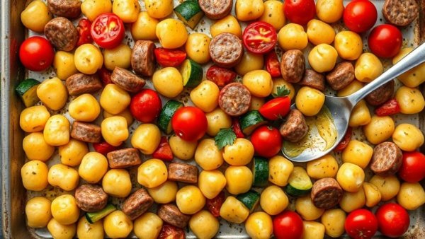 Vibrant sheet pan gnocchi and sausage with vegetables.