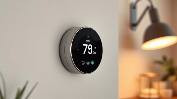 Sleek digital thermostat in a home automation setup.