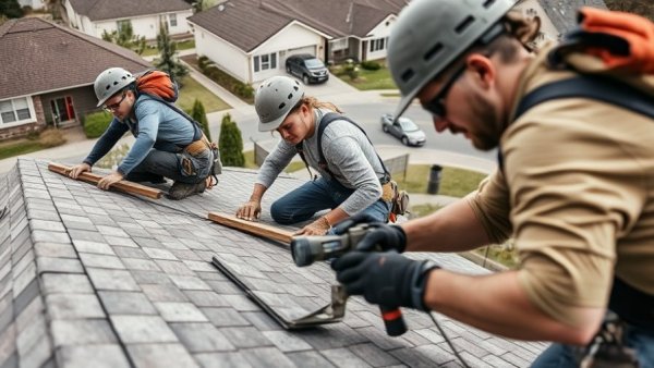 Roof workers securing shingles for spring storms maintenance.
