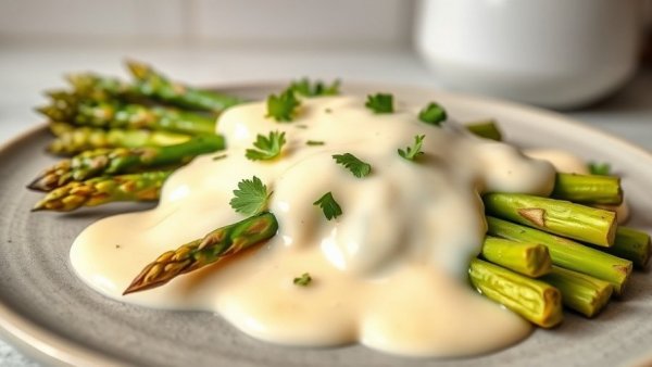 Grilled asparagus with garlic cream sauce