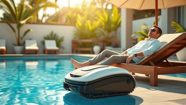 Robotic pool cleaner by a poolside with a relaxed man