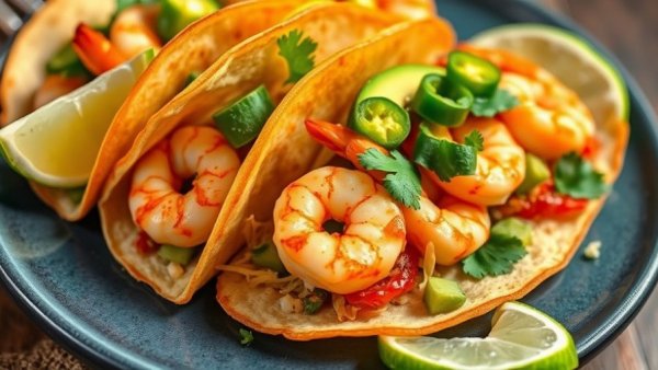 Shrimp tacos recipe with avocado and jalapenos on a plate.