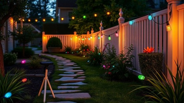 Govee solar string lights illuminating charming garden path at twilight.