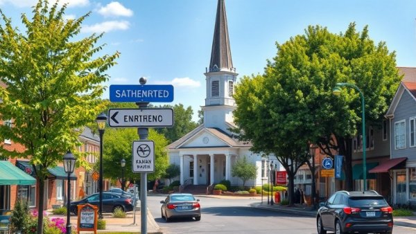 Town square in Sharon MA with classic church and traffic signs under bright blue sky.