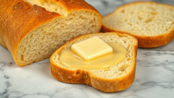 Freshly baked cheese bread slice with butter on marble surface