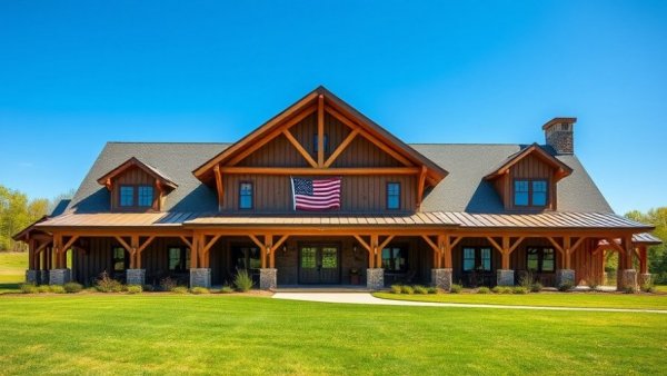 Modern barndominium showcasing timber choices and inviting porch.