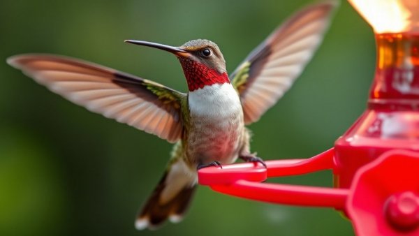 Hummingbird at red feeder to attract beautiful birds to your backyard.