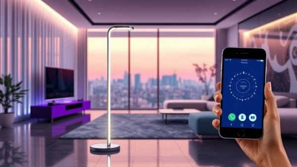 Smart floor lamp with smartphone interface for home automation.