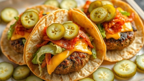 Mouth-watering smash burger tacos with cheese and pickles.