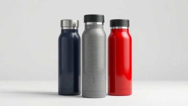 Three thermos food jars in navy, grey, and red shown upright.