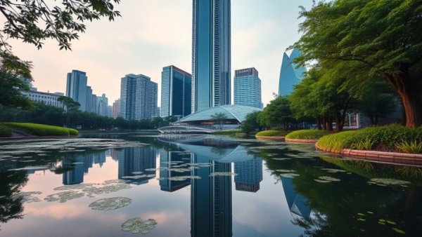 Urban skyline reflection in a pond - Best Roofers in OKC