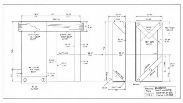 Blueprint for building a bluebird house with measurements and angles.