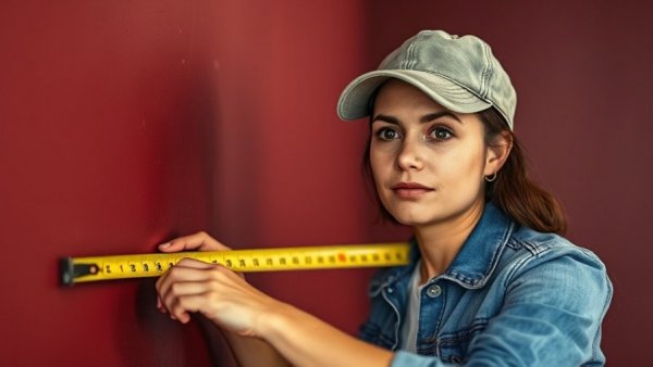 Woman carefully measuring a maroon wall with a tape measure indoors.