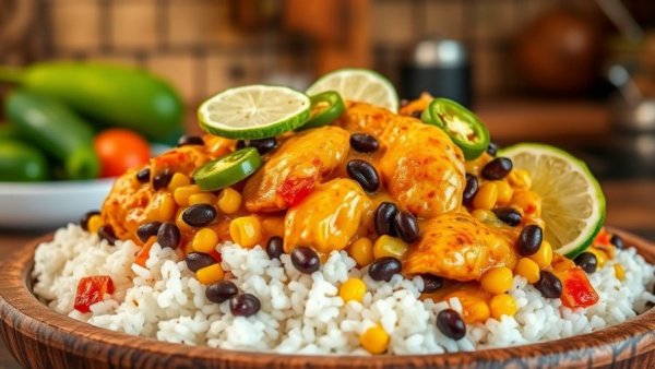 Easy One-Pan Cowboy Chicken Recipe served with rice and jalapeños.