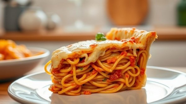 Delicious spaghetti pie slice topped with melted cheese.
