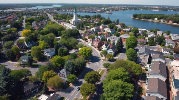 Aerial view of Arlington MA community scene with lush green areas.