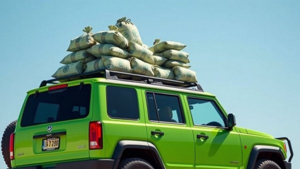 Green SUV with money bags symbolizing auto loan debt crisis.