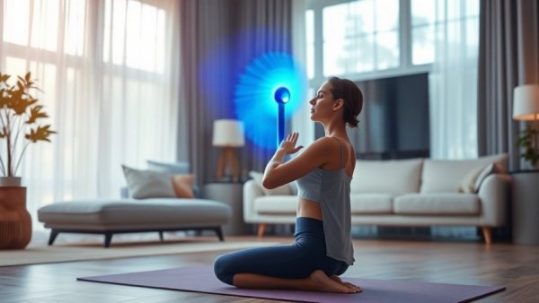 Dyson AI fan automating home environment during yoga session.
