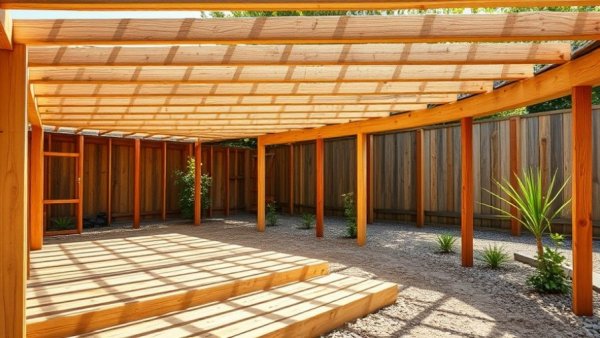 DIY deck building in a sunny backyard with wooden frame setup