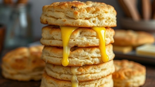 Warm buttery biscuits stacked with melting butter on top.